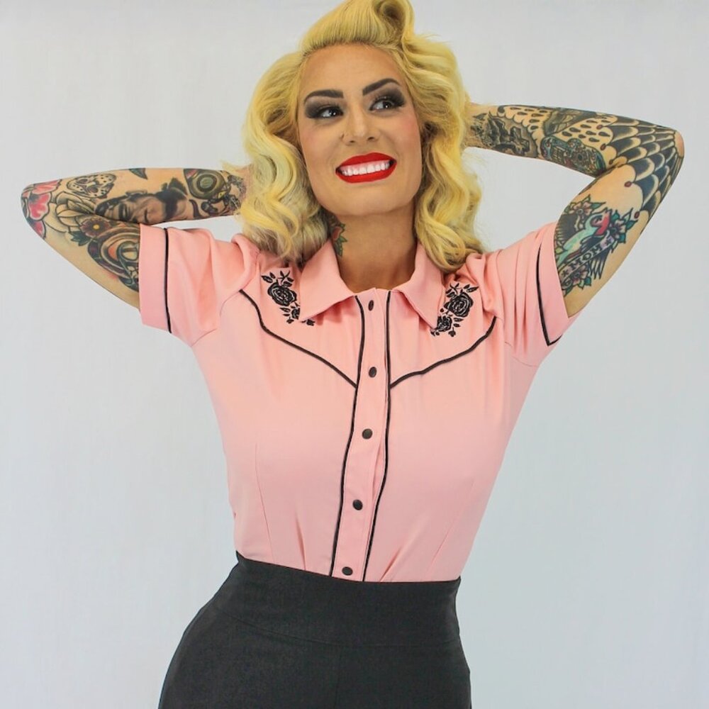 Pink Black Rose Vintage Rockabilly Western Country Women Top XS-3X